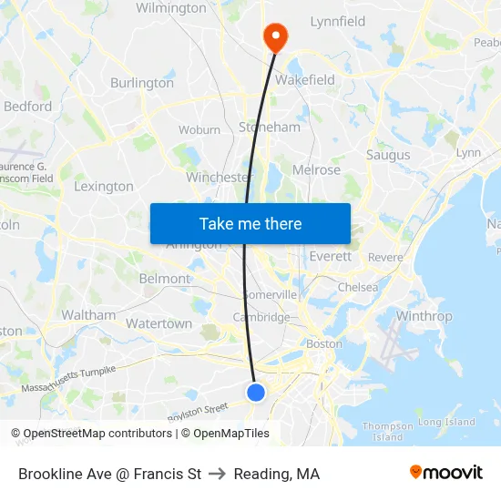 Brookline Ave @ Francis St to Reading, MA map