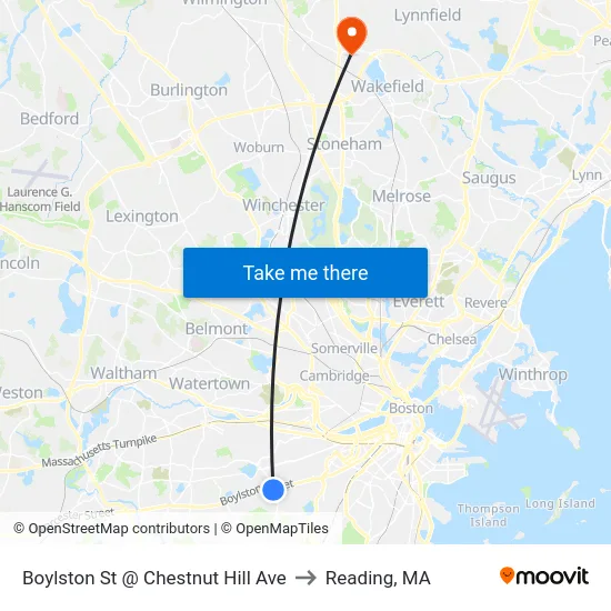 Boylston St @ Chestnut Hill Ave to Reading, MA map