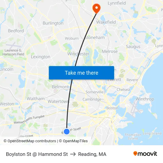 Boylston St @ Hammond St to Reading, MA map