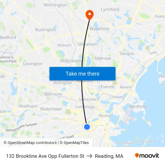 132 Brookline Ave Opp Fullerton St to Reading, MA map