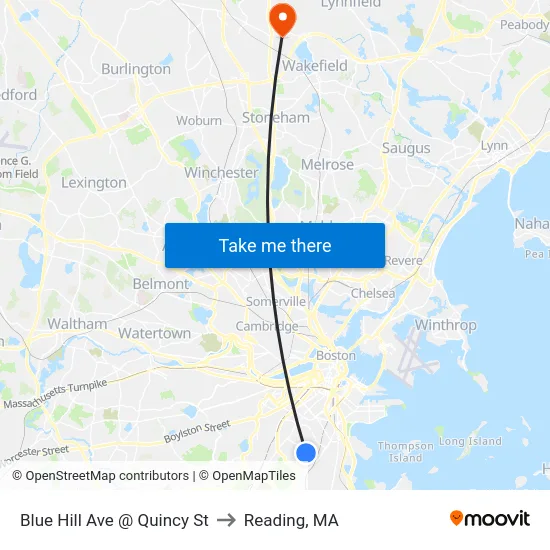 Blue Hill Ave @ Quincy St to Reading, MA map
