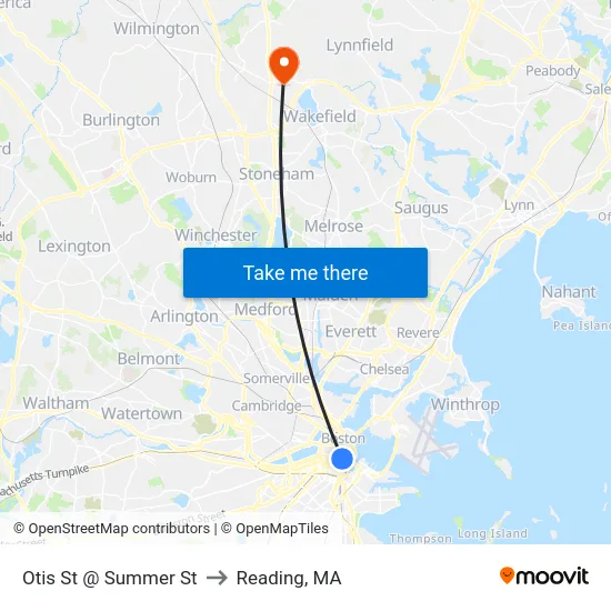 Otis St @ Summer St to Reading, MA map