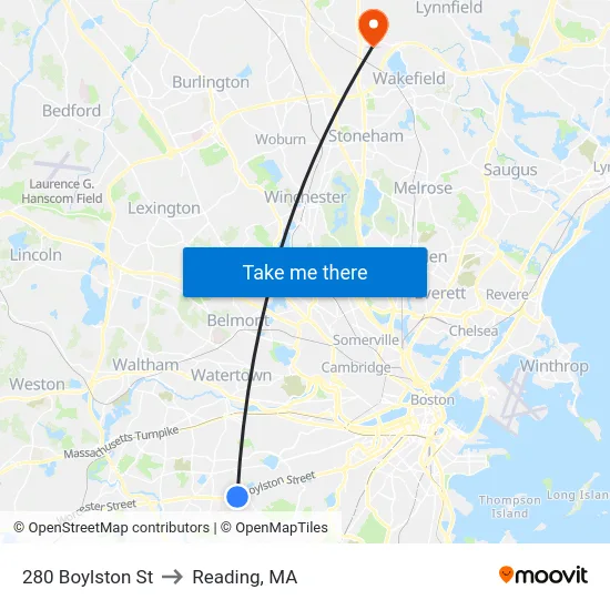 280 Boylston St to Reading, MA map