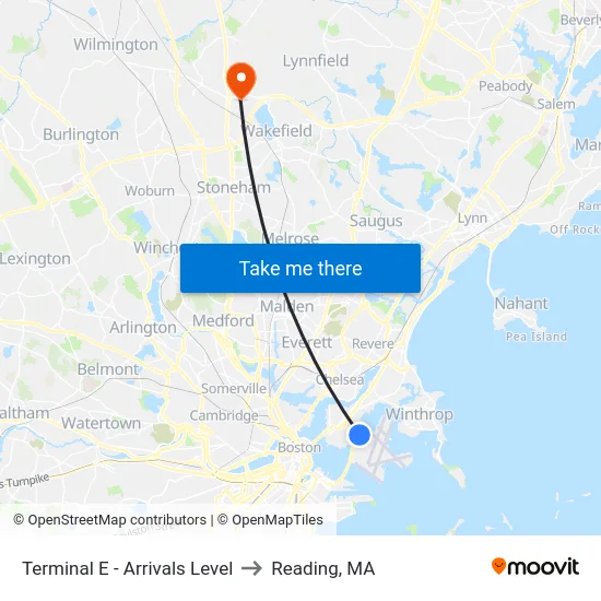 Terminal E - Arrivals Level to Reading, MA map