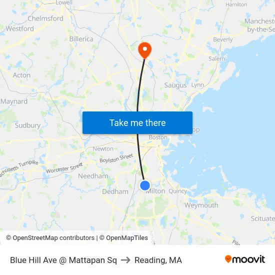 Blue Hill Ave @ Mattapan Sq to Reading, MA map