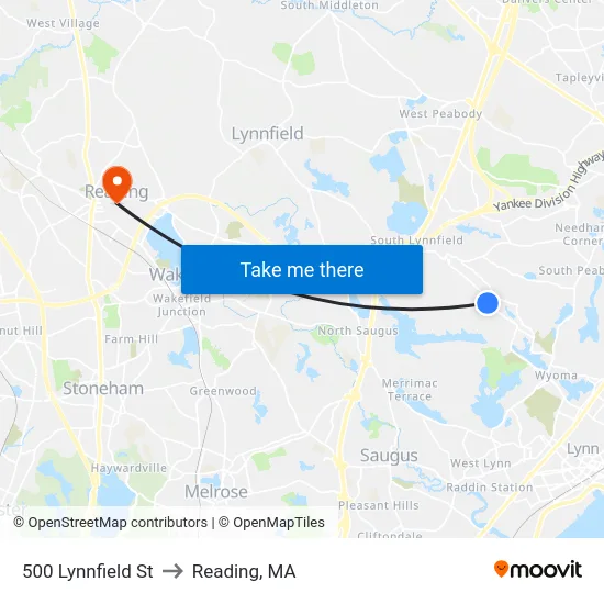 500 Lynnfield St to Reading, MA map