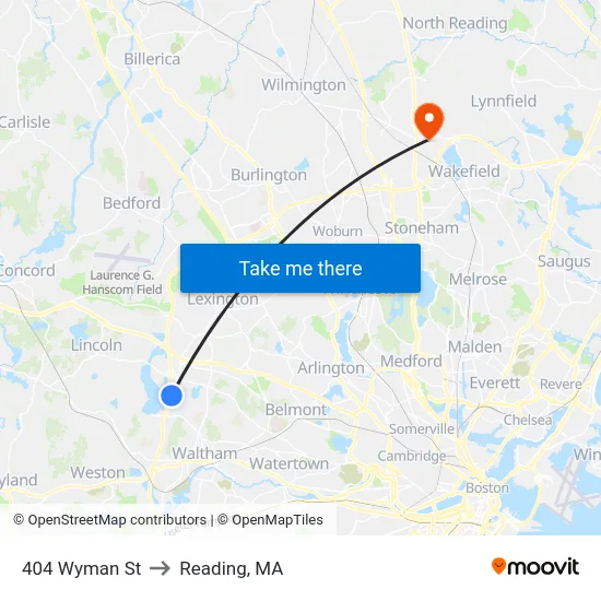 404 Wyman St to Reading, MA map