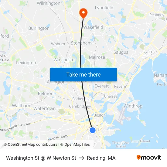 Washington St @ W Newton St to Reading, MA map