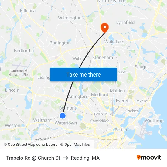 Trapelo Rd @ Church St to Reading, MA map