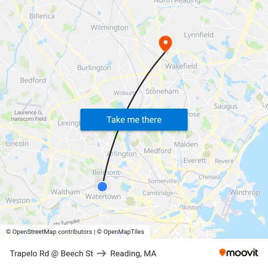 Trapelo Rd @ Beech St to Reading, MA map