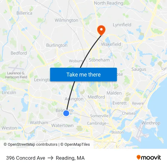 396 Concord Ave to Reading, MA map