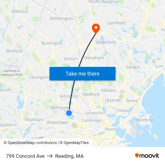 799 Concord Ave to Reading, MA map