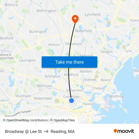 Broadway @ Lee St to Reading, MA map