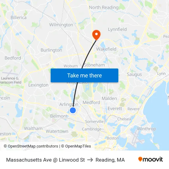 Massachusetts Ave @ Linwood St to Reading, MA map