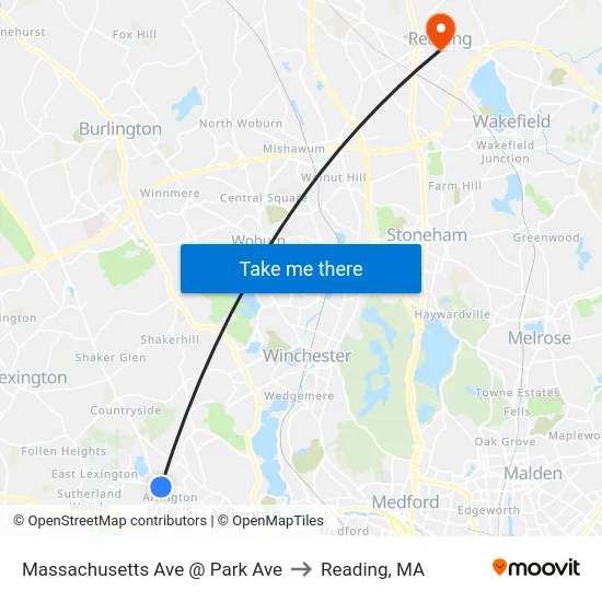 Massachusetts Ave @ Park Ave to Reading, MA map