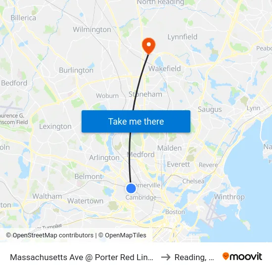 Massachusetts Ave @ Porter Red Line Sta to Reading, MA map