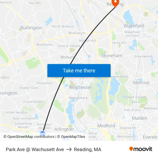 Park Ave @ Wachusett Ave to Reading, MA map