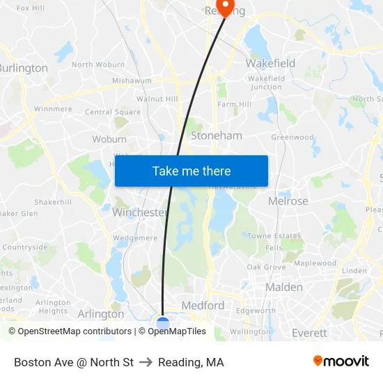 Boston Ave @ North St to Reading, MA map