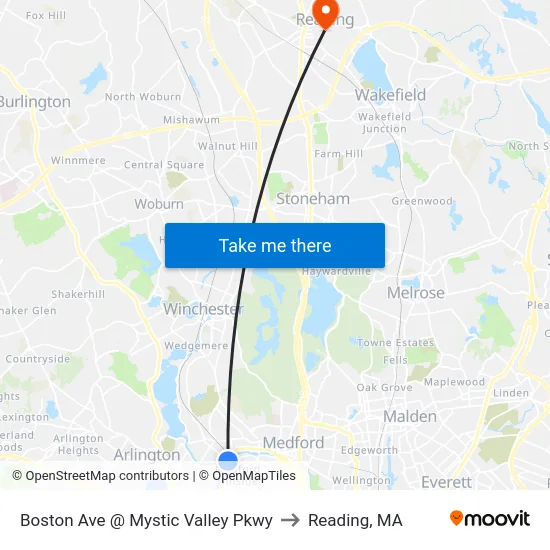 Boston Ave @ Mystic Valley Pkwy to Reading, MA map