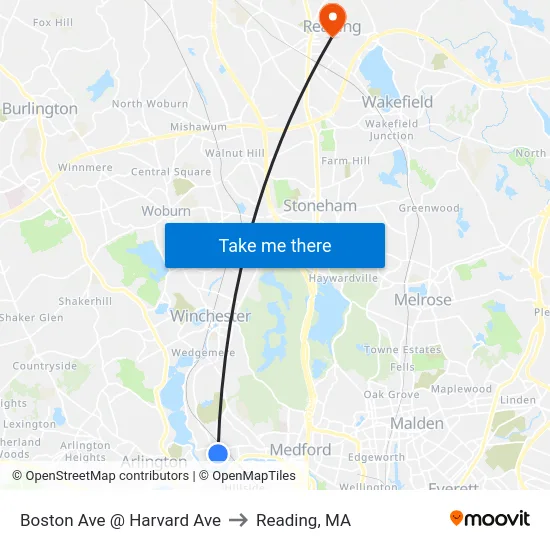 Boston Ave @ Harvard Ave to Reading, MA map