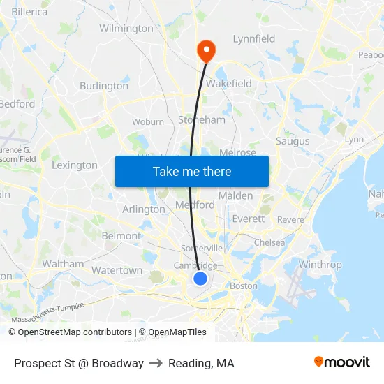 Prospect St @ Broadway to Reading, MA map