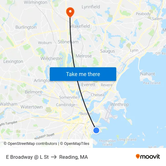 E Broadway @ L St to Reading, MA map