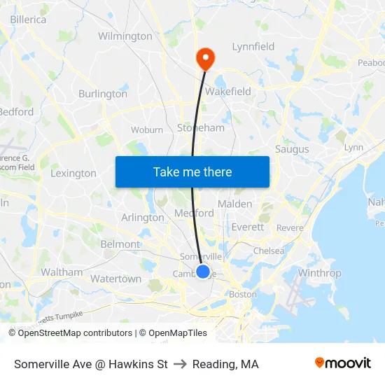 Somerville Ave @ Hawkins St to Reading, MA map