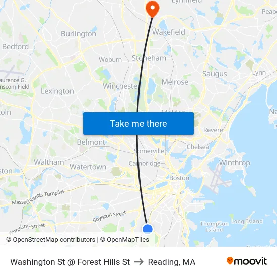 Washington St @ Forest Hills St to Reading, MA map