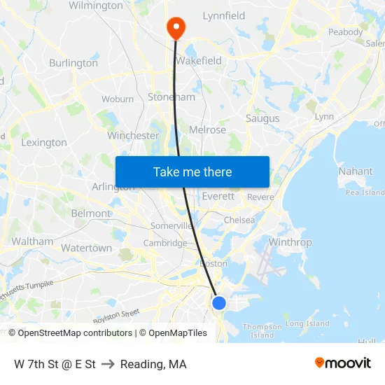 W 7th St @ E St to Reading, MA map
