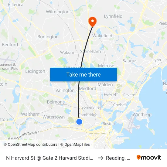 N Harvard St @ Gate 2 Harvard Stadium to Reading, MA map