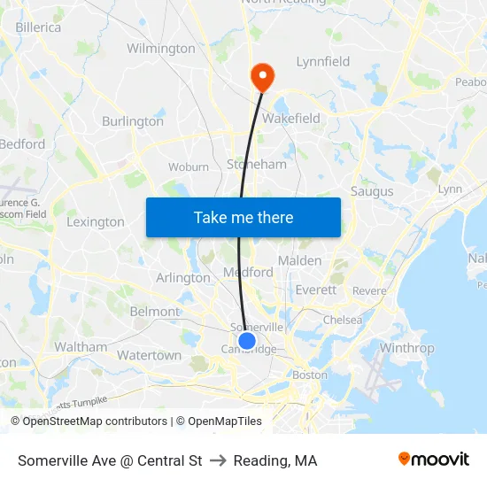 Somerville Ave @ Central St to Reading, MA map