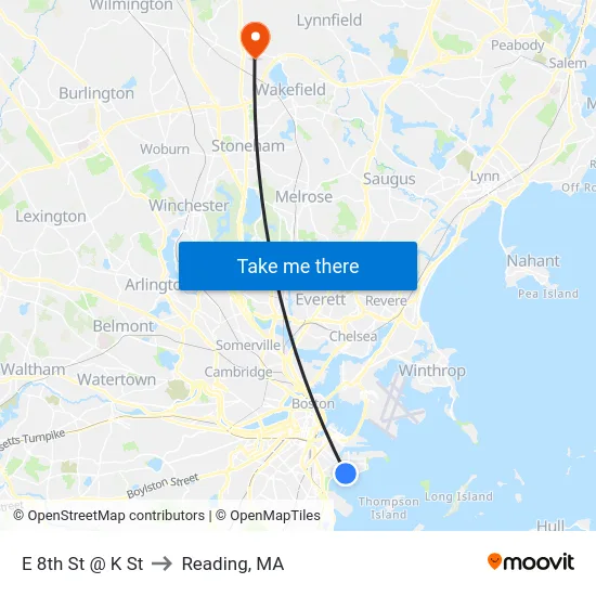 E 8th St @ K St to Reading, MA map