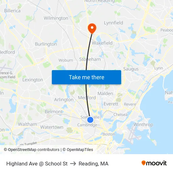 Highland Ave @ School St to Reading, MA map