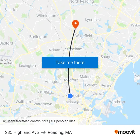 235 Highland Ave to Reading, MA map