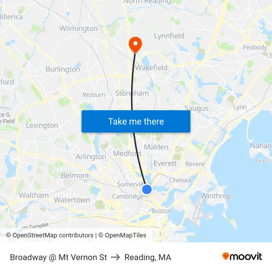 Broadway @ Mt Vernon St to Reading, MA map