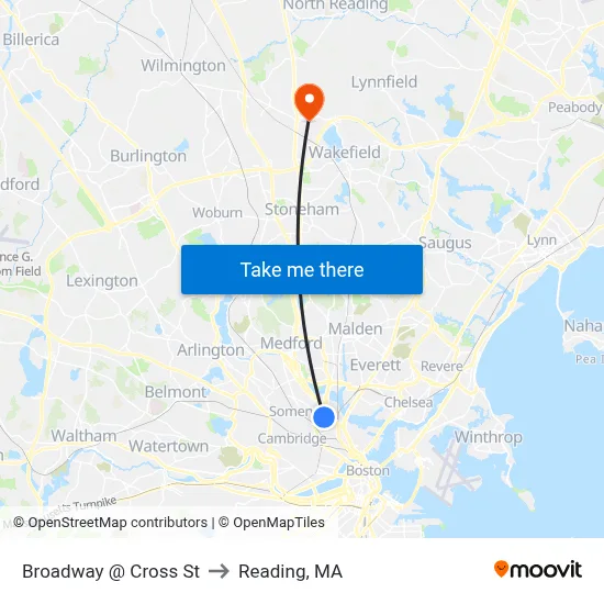 Broadway @ Cross St to Reading, MA map