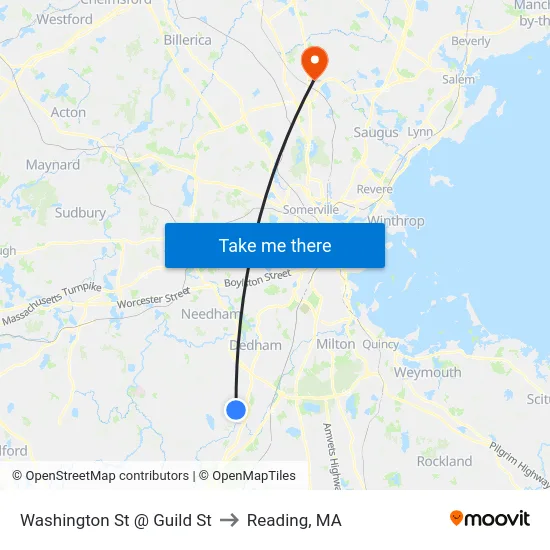 Washington St @ Guild St to Reading, MA map