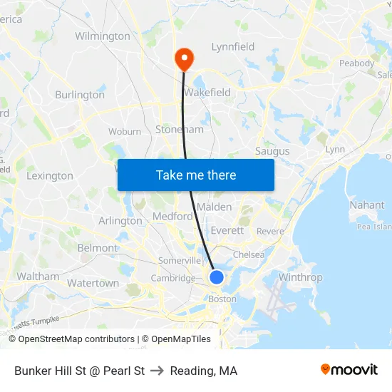 Bunker Hill St @ Pearl St to Reading, MA map