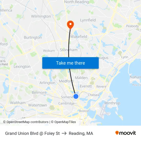 Grand Union Blvd @ Foley St to Reading, MA map