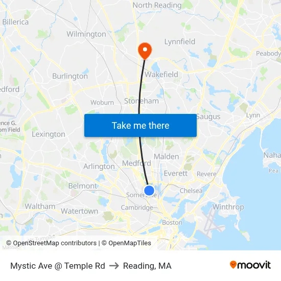 Mystic Ave @ Temple Rd to Reading, MA map