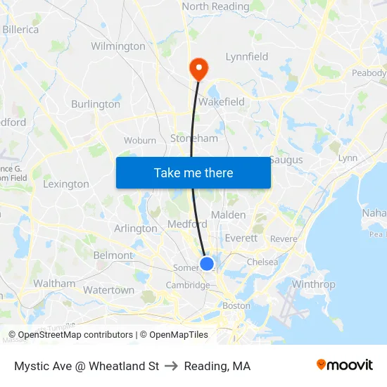 Mystic Ave @ Wheatland St to Reading, MA map