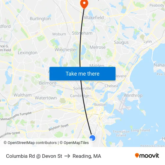 Columbia Rd @ Devon St to Reading, MA map