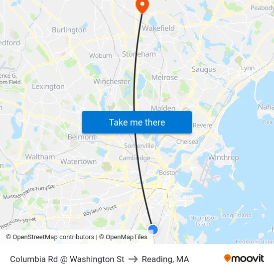 Columbia Rd @ Washington St to Reading, MA map