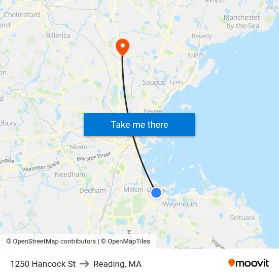 1250 Hancock St to Reading, MA map