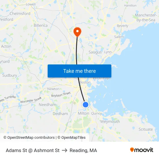 Adams St @ Ashmont St to Reading, MA map