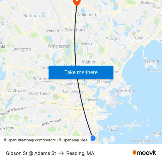 Gibson St @ Adams St to Reading, MA map
