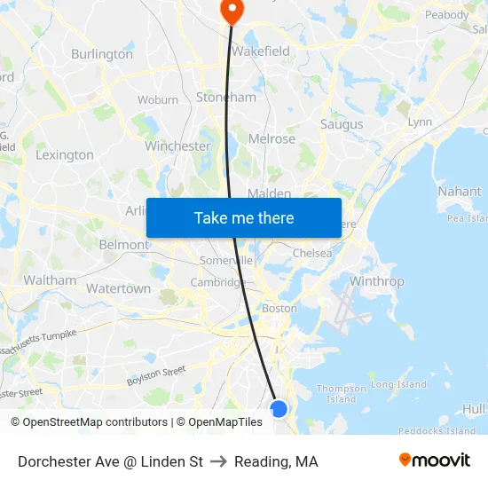 Dorchester Ave @ Linden St to Reading, MA map