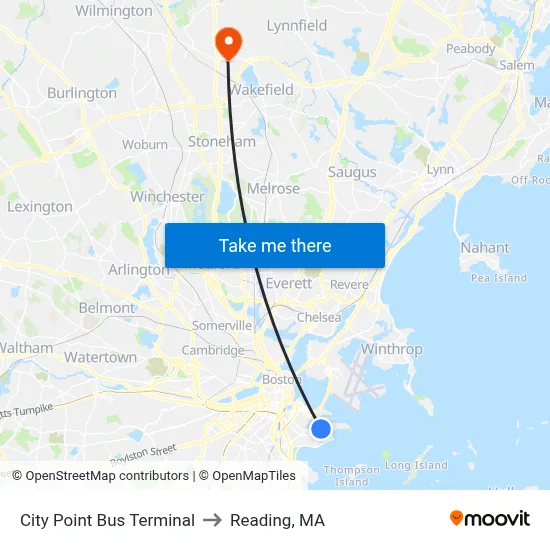City Point Bus Terminal to Reading, MA map