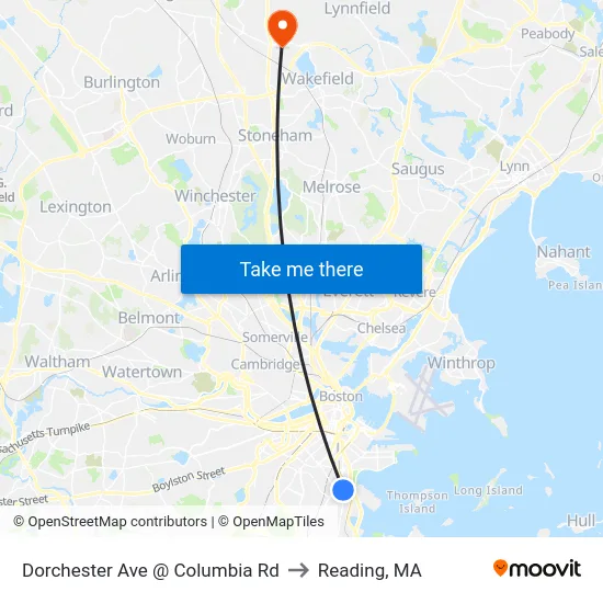 Dorchester Ave @ Columbia Rd to Reading, MA map