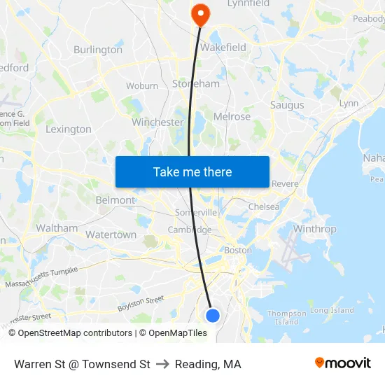 Warren St @ Townsend St to Reading, MA map